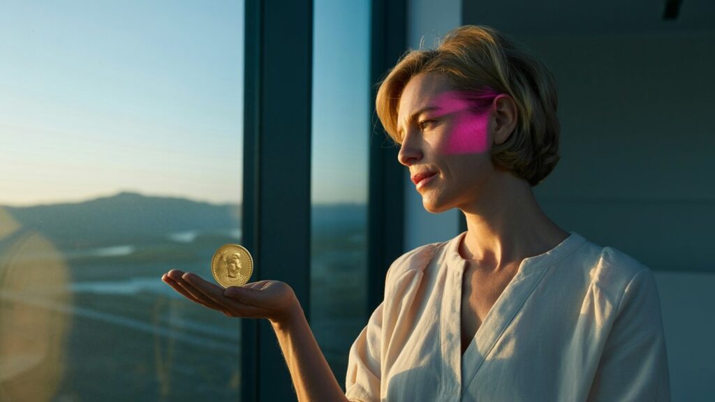 Žena s mincí v dlani u okna, golden hour