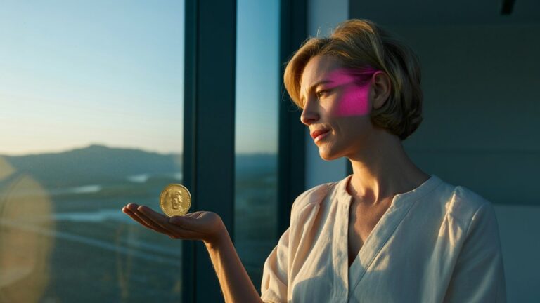 Žena s mincí v dlani u okna, golden hour